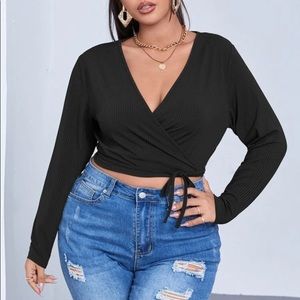 shein plus rib-knit tie front wrap top